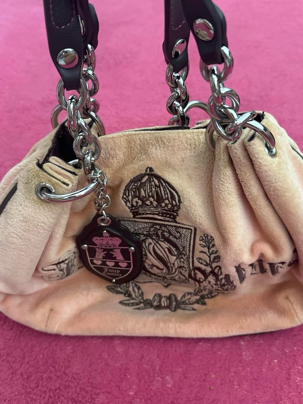 Juicy Couture Blush Suede Crest-Embroidered Shoulder Bag with Chain Handles